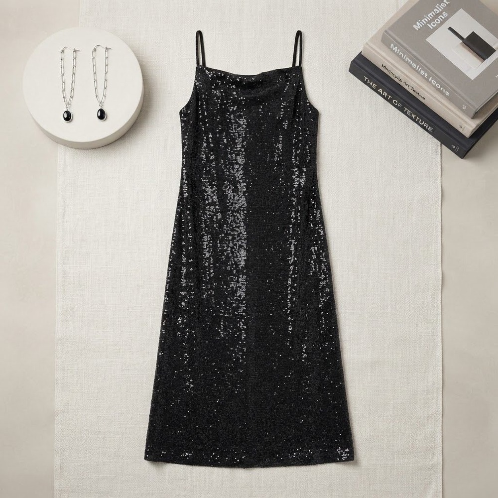 Bebe Sequin Midi Dress Womens XL Black Cowl Neck Side Slit Cocktail Party Glam